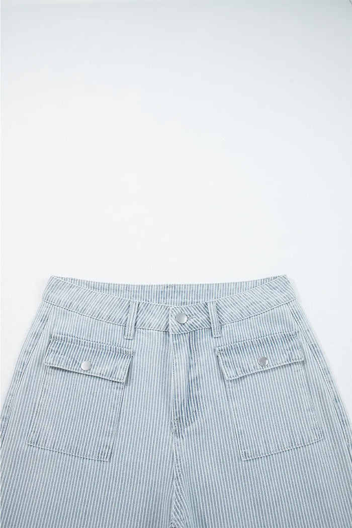 Stripe Button Flap Pocket Cuffed Hem Wide Leg Jeans - Bottoms/Jeans/WideLeg