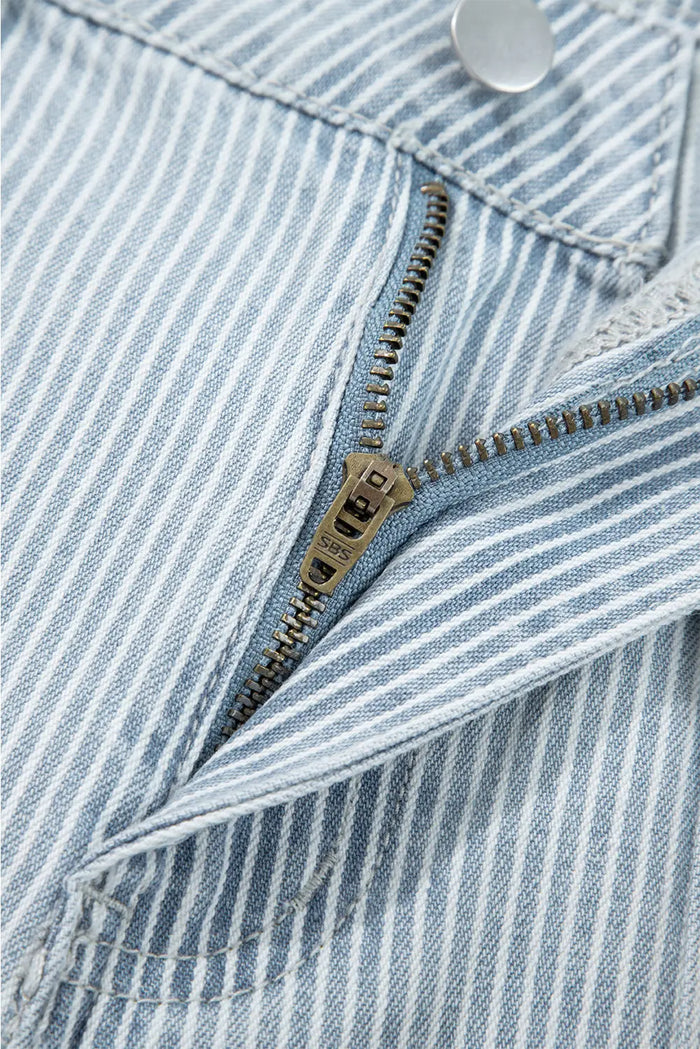 Stripe Button Flap Pocket Cuffed Hem Wide Leg Jeans - Bottoms/Jeans/WideLeg