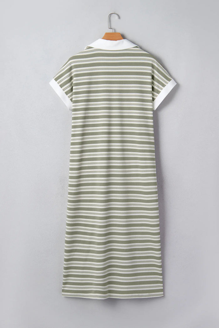 Stripe Collared V-Neck Short Sleeve T-Shirt Midi Dress with Pockets