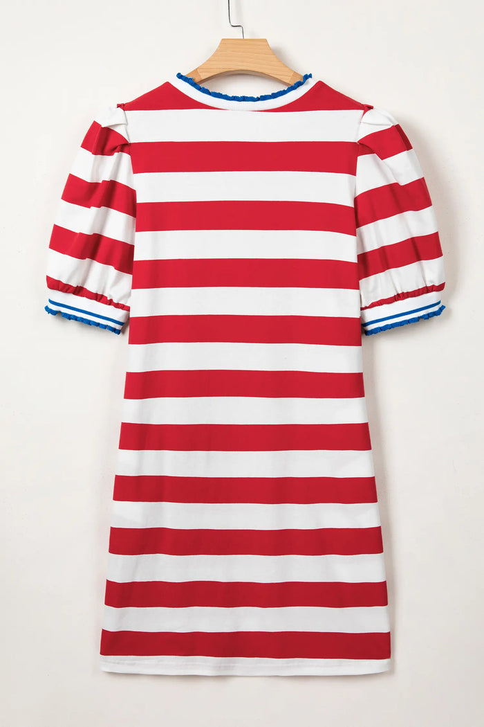 Stripe Contrast Trim Round Neck Short Puff Sleeve Shift Mini Dress