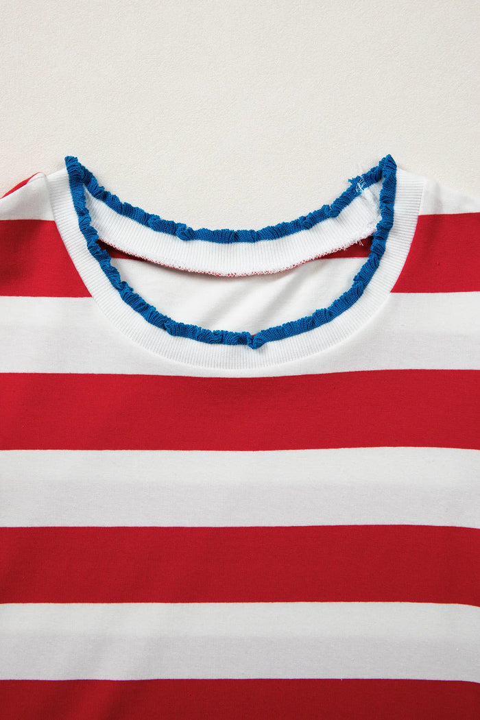 Stripe Contrast Trim Round Neck Short Puff Sleeve Shift Mini Dress