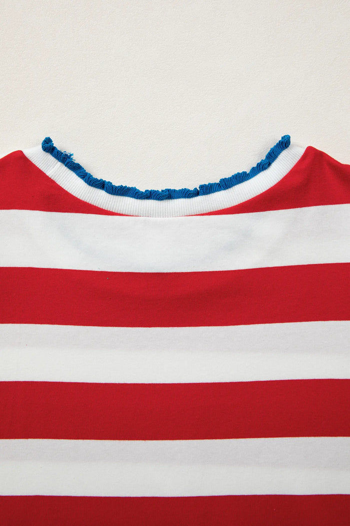 Stripe Contrast Trim Round Neck Short Puff Sleeve Shift Mini Dress