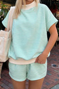Stripe Cuffed Sleeve Contrast Mock Neck Tee Casual Co-ord Short Set