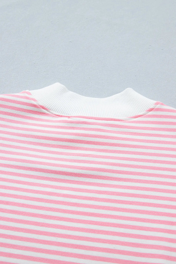 Stripe Cuffed Sleeve Contrast Mock Neck Tee Casual Co-ord Short Set