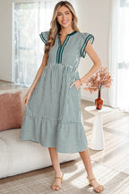 Stripe Double Ruffle Short Sleeve Contrast Trim V-Neck Midi Dress DL