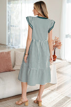 Stripe Double Ruffle Short Sleeve Contrast Trim V-Neck Midi Dress DL
