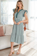 Stripe Double Ruffle Short Sleeve Contrast Trim V-Neck Midi Dress DL