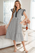 Stripe Double Ruffle Short Sleeve Contrast Trim V-Neck Midi Dress DL