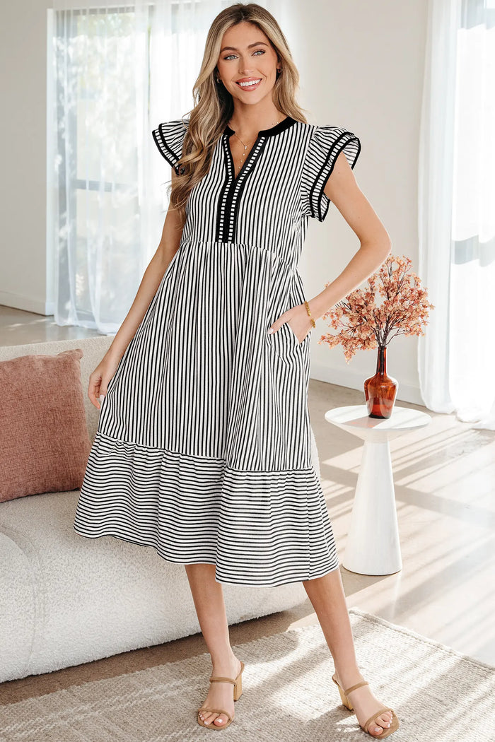 Stripe Double Ruffle Short Sleeve Contrast Trim V-Neck Midi Dress DL