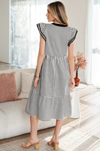 Stripe Double Ruffle Short Sleeve Contrast Trim V-Neck Midi Dress DL