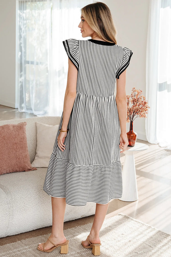 Stripe Double Ruffle Short Sleeve Contrast Trim V-Neck Midi Dress DL