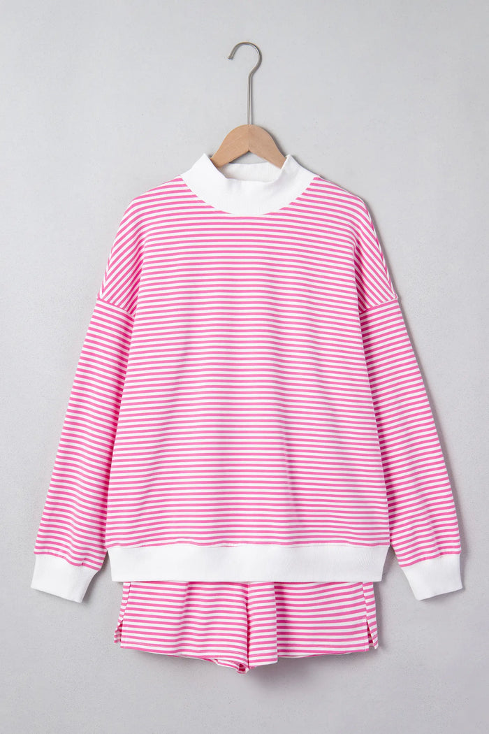 Stripe Oversize Mock Neck Sweatshirt and Shorts Set