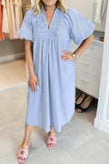 Stripe Shirred Detail Collar V-Neck Plus Size Midi Dress