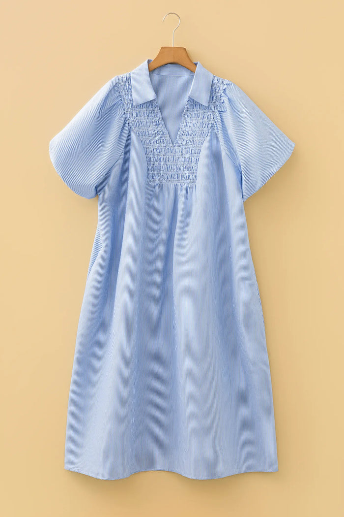 Stripe Shirred Detail Collar V-Neck Plus Size Midi Dress