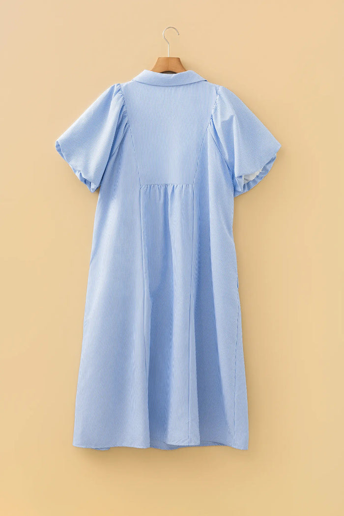 Stripe Shirred Detail Collar V-Neck Plus Size Midi Dress