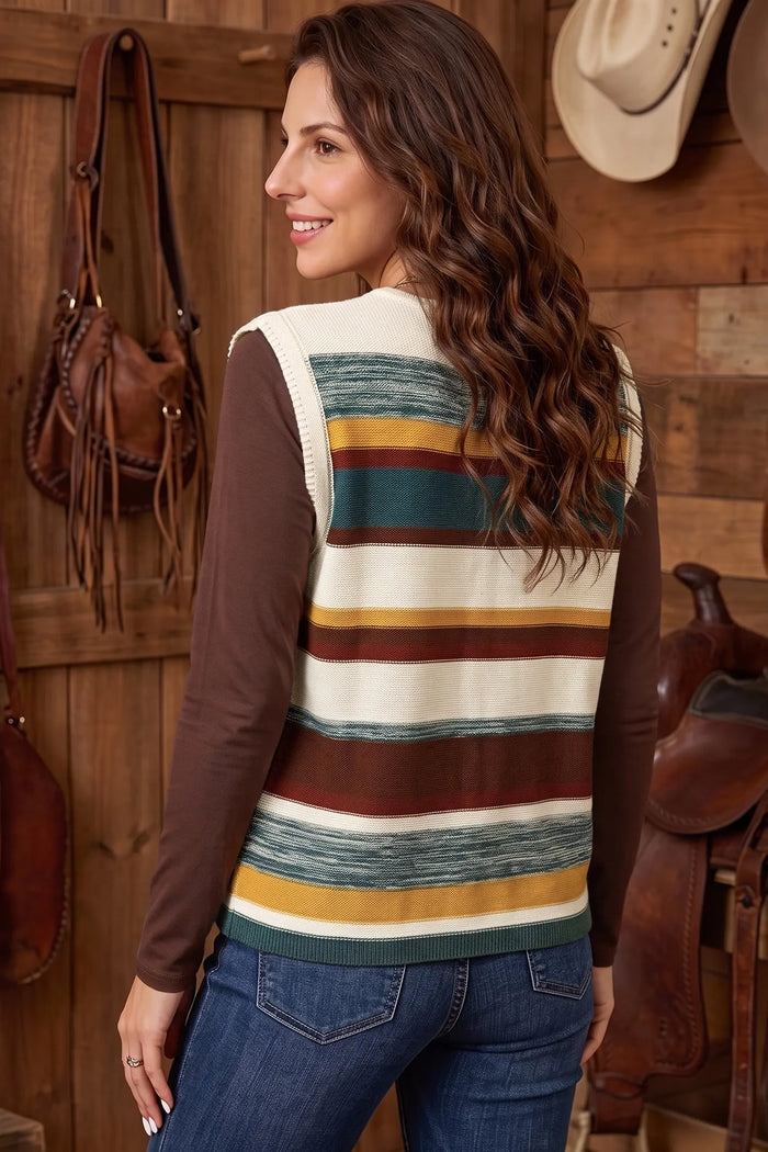 Striped Button Front Sleeveless Knit Regular Fit Sweater Vest – Multicolour