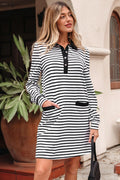 Striped Buttoned Front Collared Long Sleeve T Shirt Dress with Pockets - White / S - Dresses/Mini Dresses