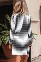 Striped Buttoned Front Collared Long Sleeve T Shirt Dress with Pockets - Dresses/Mini Dresses