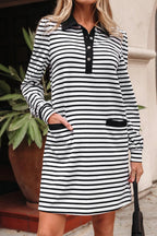 Striped Buttoned Front Collared Long Sleeve T Shirt Dress with Pockets - Dresses/Mini Dresses