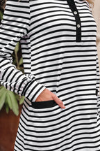 Striped Buttoned Front Collared Long Sleeve T Shirt Dress with Pockets - Dresses/Mini Dresses