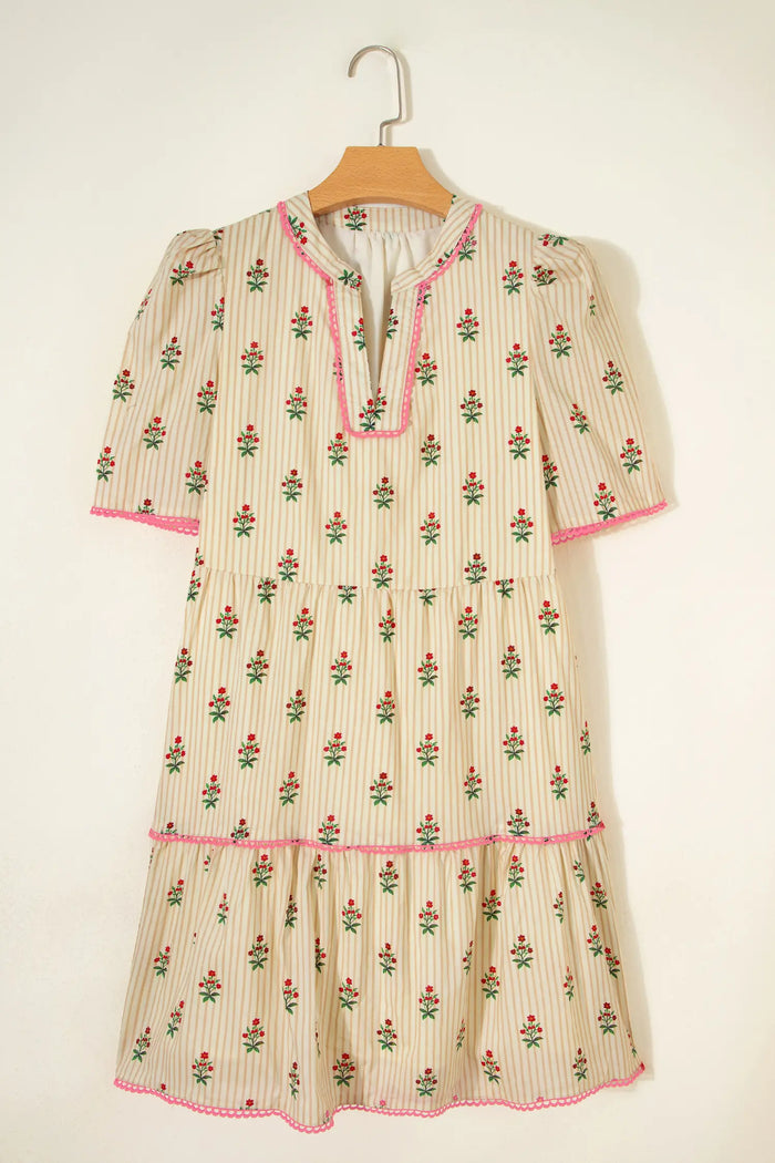 Striped Floral Print Contrast Detail Ruffle Hem Short Dress