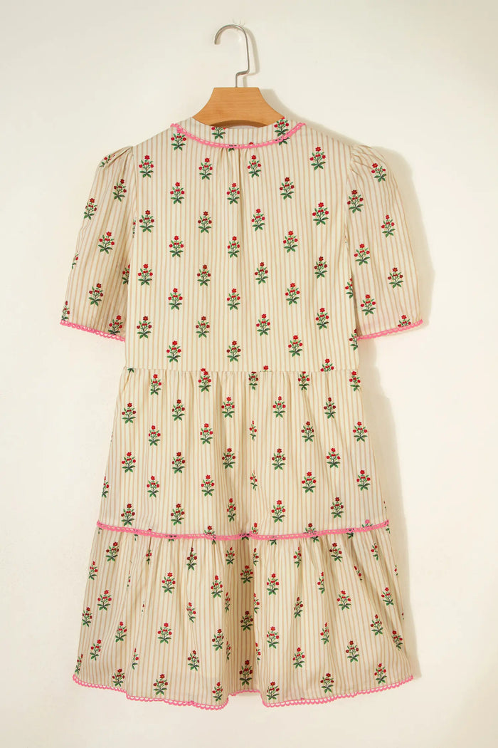 Striped Floral Print Contrast Detail Ruffle Hem Short Dress