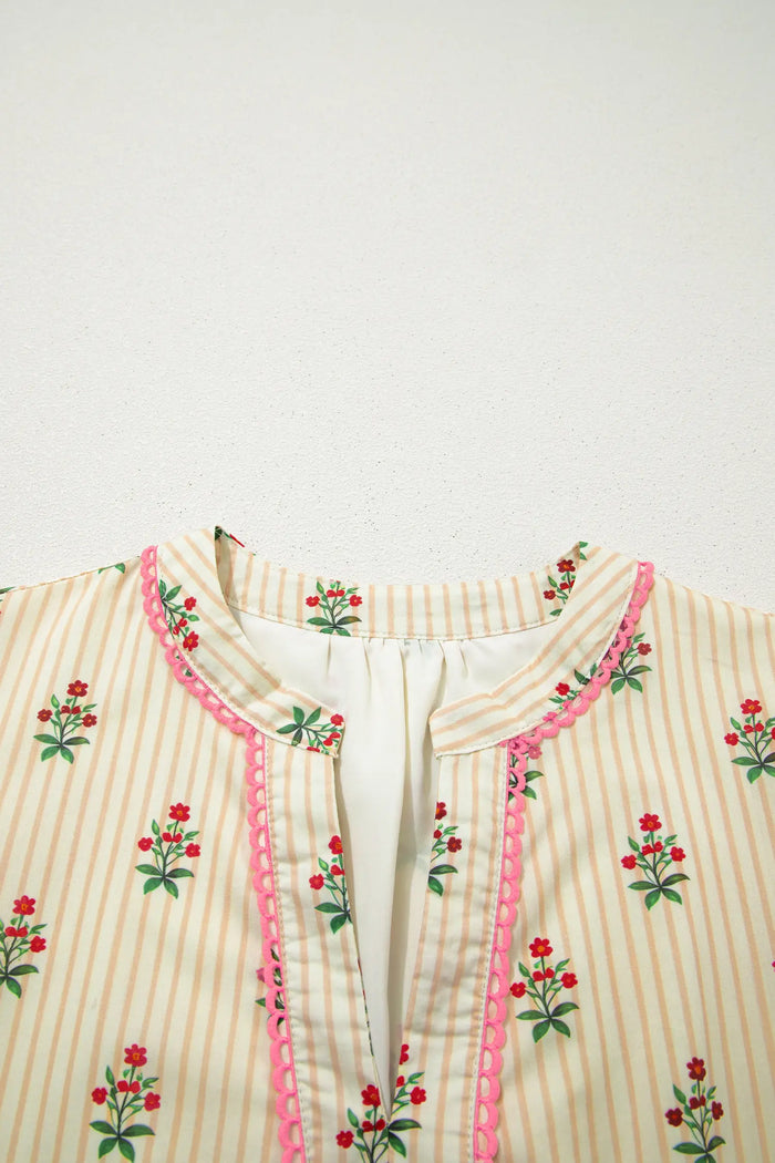 Striped Floral Print Contrast Detail Ruffle Hem Short Dress