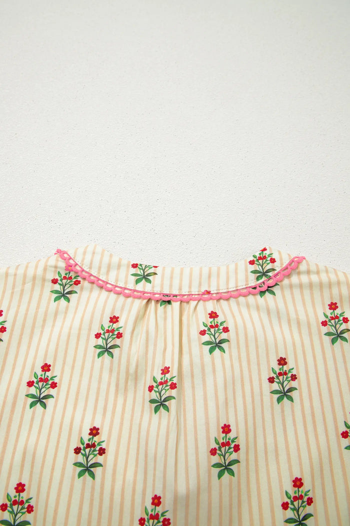 Striped Floral Print Contrast Detail Ruffle Hem Short Dress