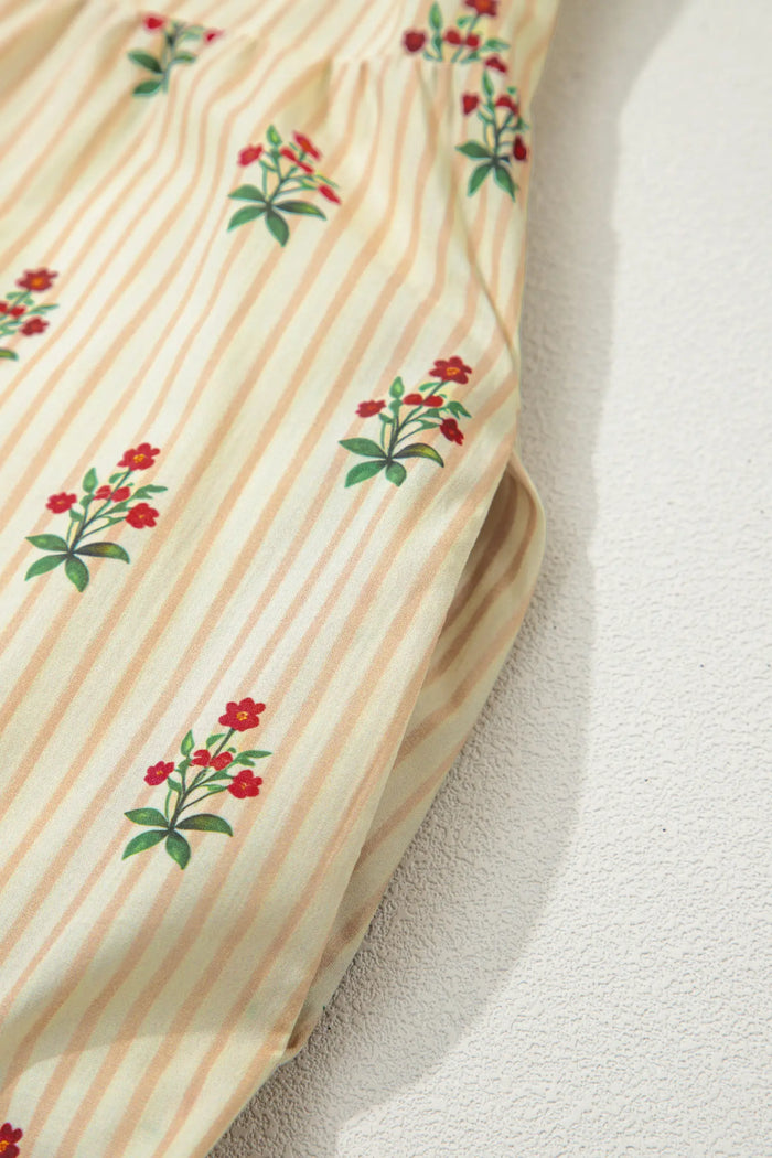 Striped Floral Print Contrast Detail Ruffle Hem Short Dress