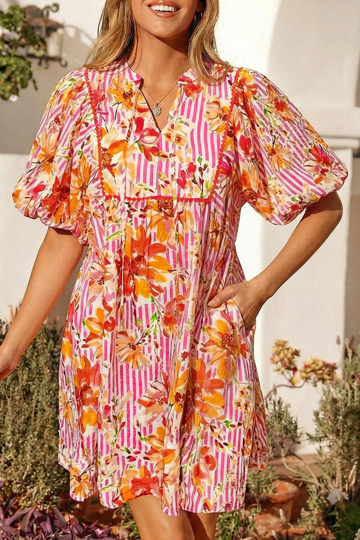 Striped Floral Print Tie Neck Puff Sleeve Babydoll Mini Dress