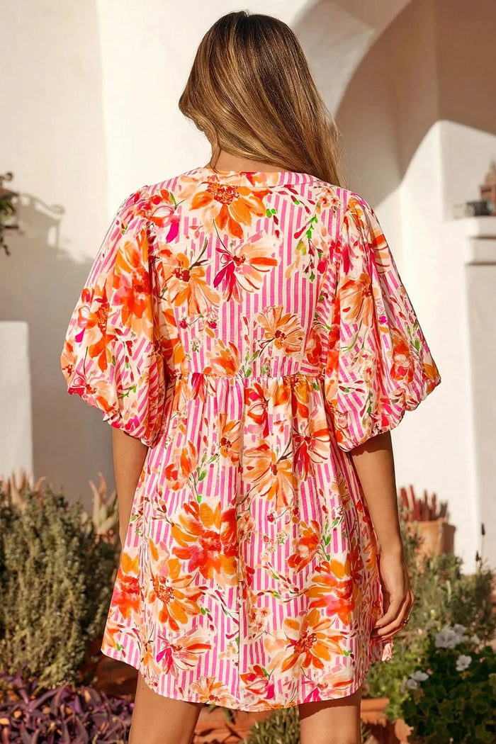 Striped Floral Print Tie Neck Puff Sleeve Babydoll Mini Dress