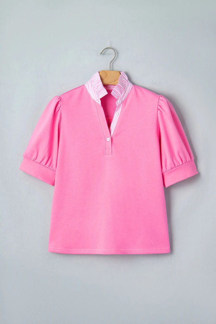 Striped Frilled Collar Short Sleeve Blouse