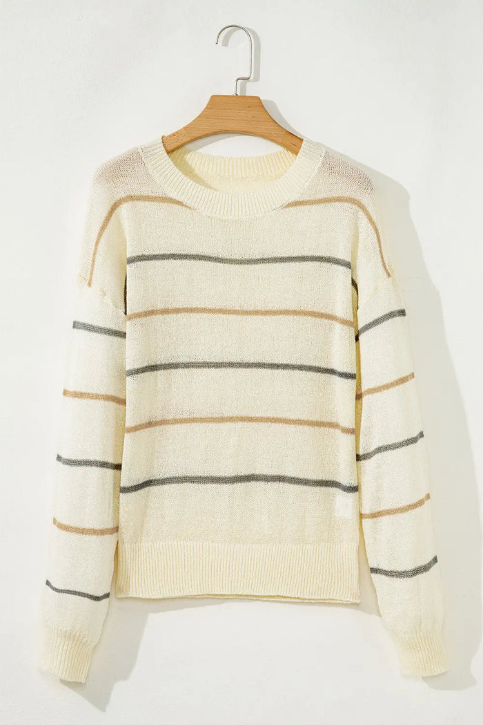 Striped Ribbed Edge Drop Shoulder Sweater - Sweaters & Cardigans/Sweaters