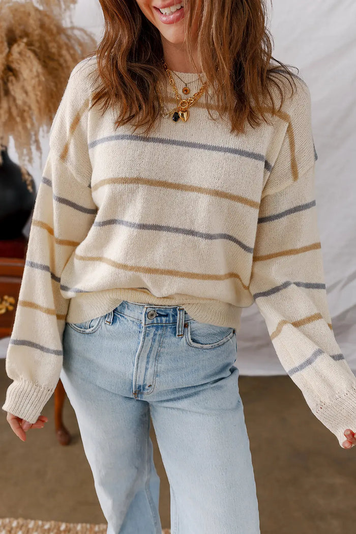 Striped Ribbed Edge Drop Shoulder Sweater - Multicolour / S - Sweaters & Cardigans/Sweaters