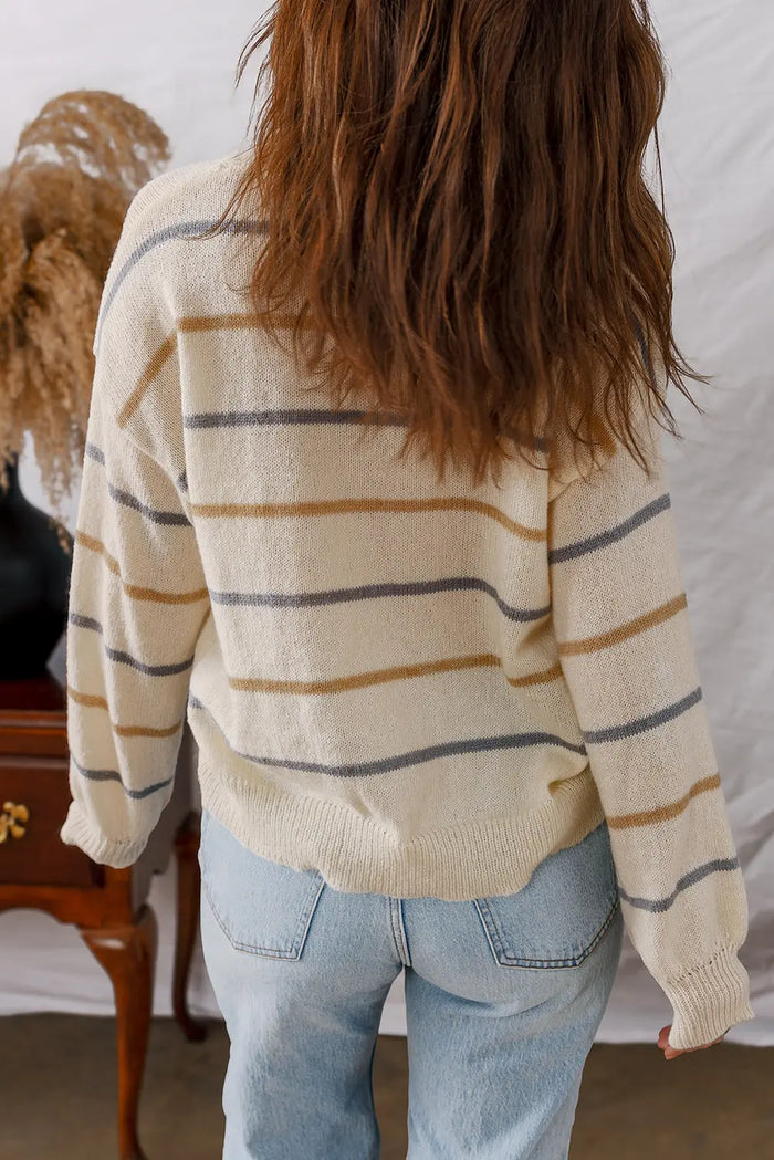 Striped Ribbed Edge Drop Shoulder Sweater - Sweaters & Cardigans/Sweaters