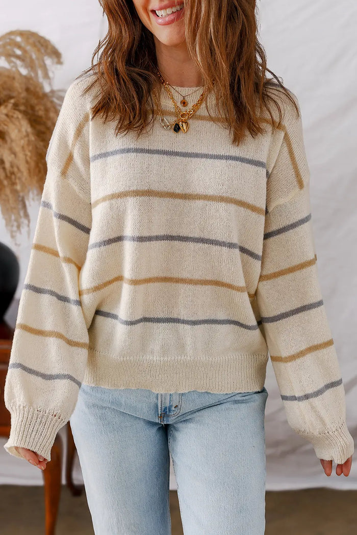 Striped Ribbed Edge Drop Shoulder Sweater - Sweaters & Cardigans/Sweaters