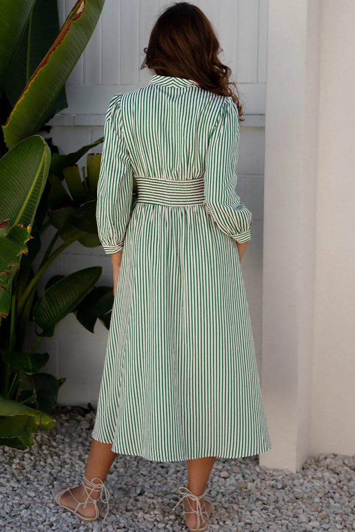 Striped V-Neck Zip Front Midi Dress - Dresses/Midi Dresses