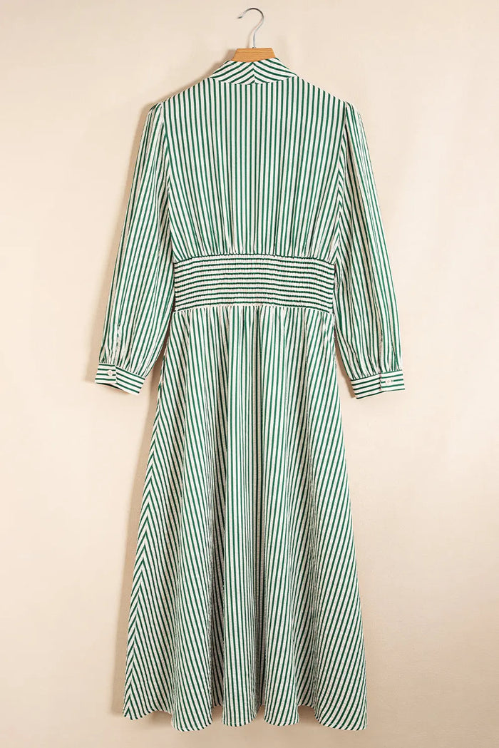 Striped V-Neck Zip Front Midi Dress - Dresses/Midi Dresses