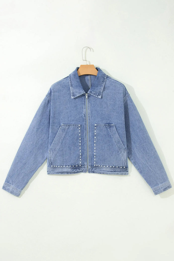 Studded Metal Zipper Rivet Pockets Long Sleeve Denim Jacket – Beau Blue