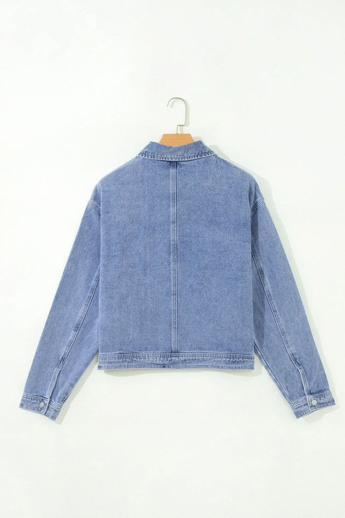 Studded Metal Zipper Rivet Pockets Long Sleeve Denim Jacket – Beau Blue