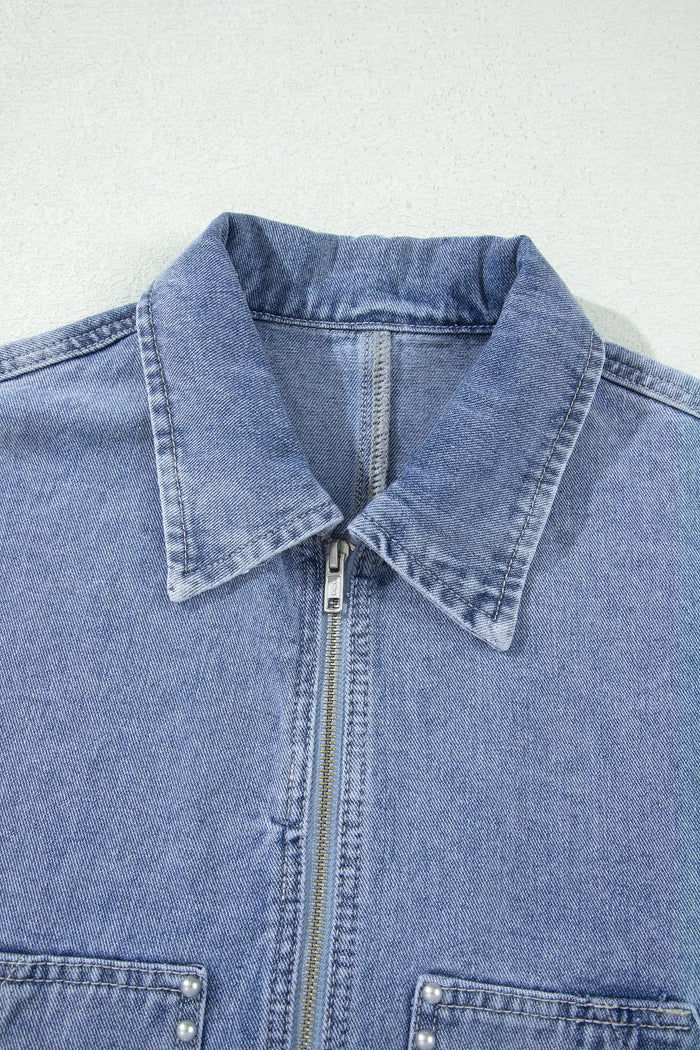 Studded Metal Zipper Rivet Pockets Long Sleeve Denim Jacket – Beau Blue