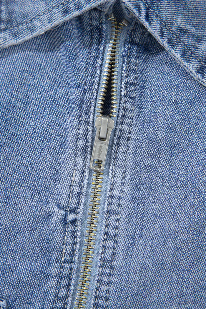 Studded Metal Zipper Rivet Pockets Long Sleeve Denim Jacket – Beau Blue