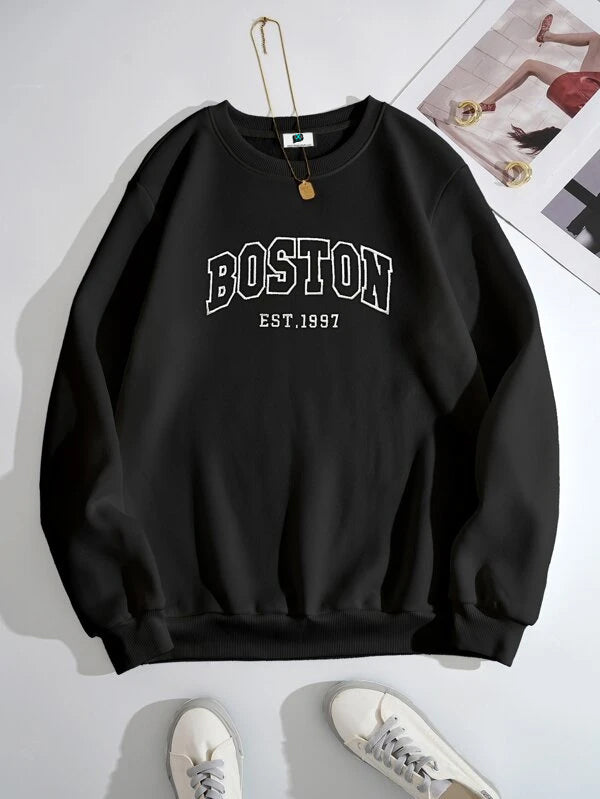 SXV  'BOSTON’ Printed Cool Aesthetic Drop Shoulder Oversized Sweatshirt