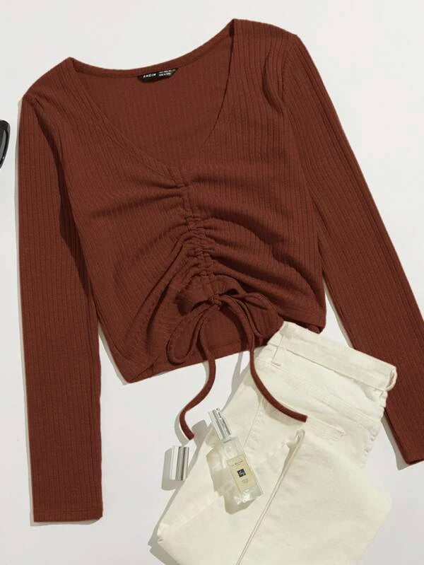 SXV Front Drawstring Rib Knit Full sleeves Top