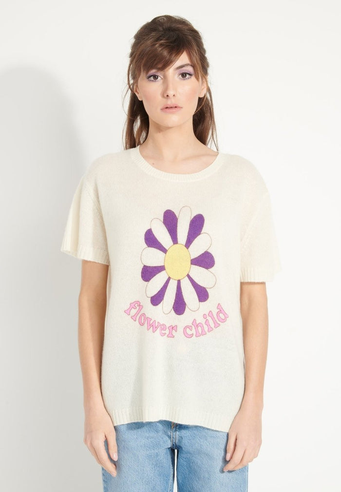 AVA 8 T shirt en cachemire déjaugé col rond manches courtes avec imprimé "FLOWER CHILD" blanc écru