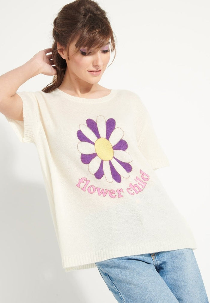 AVA 8 T shirt en cachemire déjaugé col rond manches courtes avec imprimé "FLOWER CHILD" blanc écru