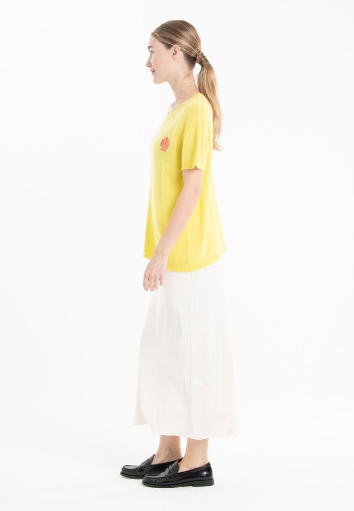 T-shirt col rond cachemire jaune fluo brodé femme - KELLY 15