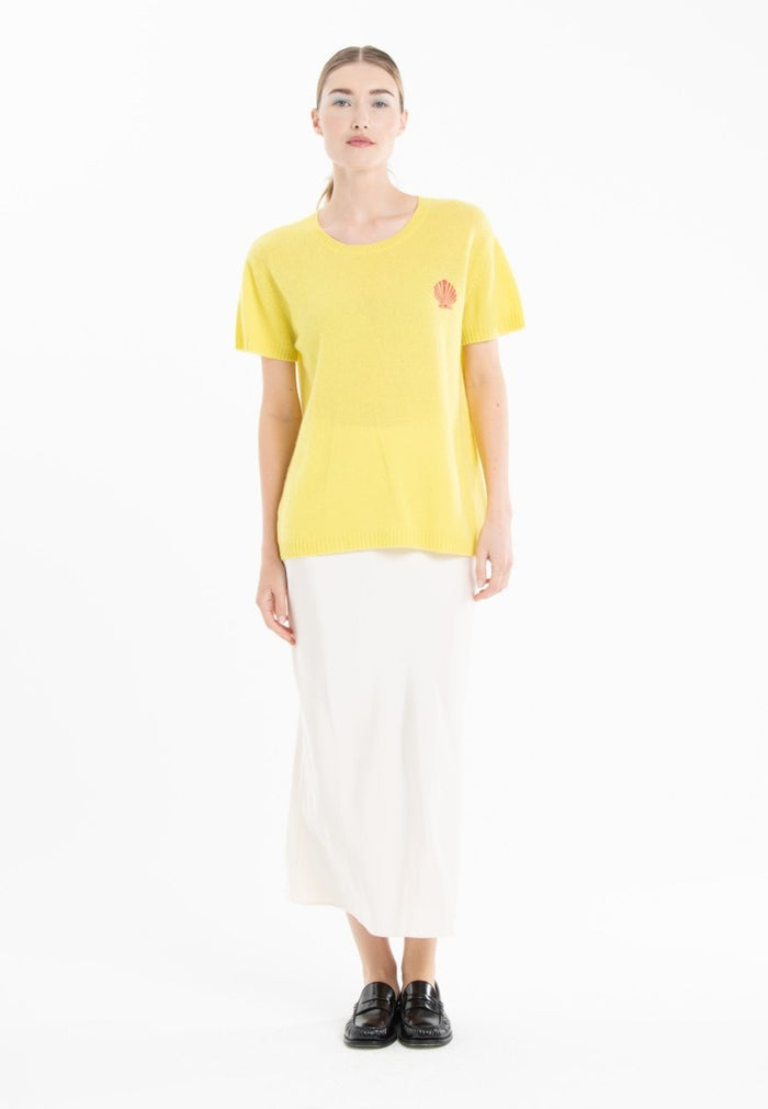 T-shirt col rond cachemire jaune fluo brodé femme - KELLY 15