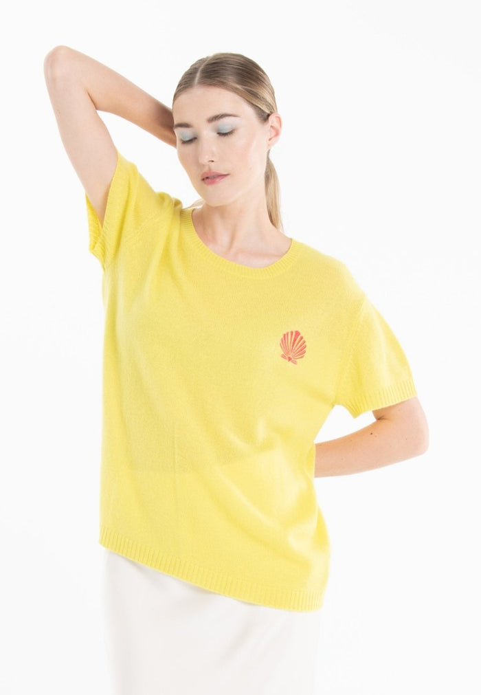 T-shirt col rond cachemire jaune fluo brodé femme - KELLY 15