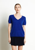 LILLY 14 T-shirt col V en cachemire manches courtes bleu pétrole